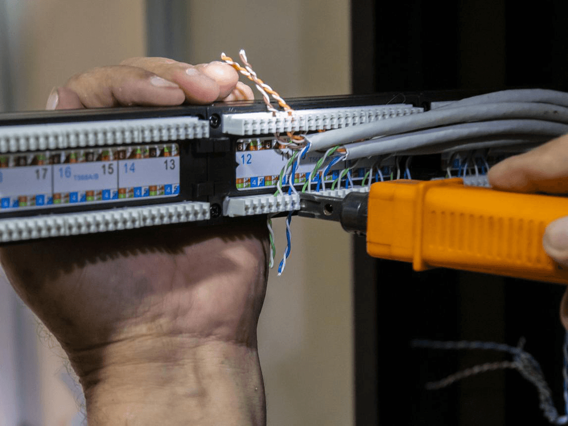 Close view of network cabling and rack infrastructure