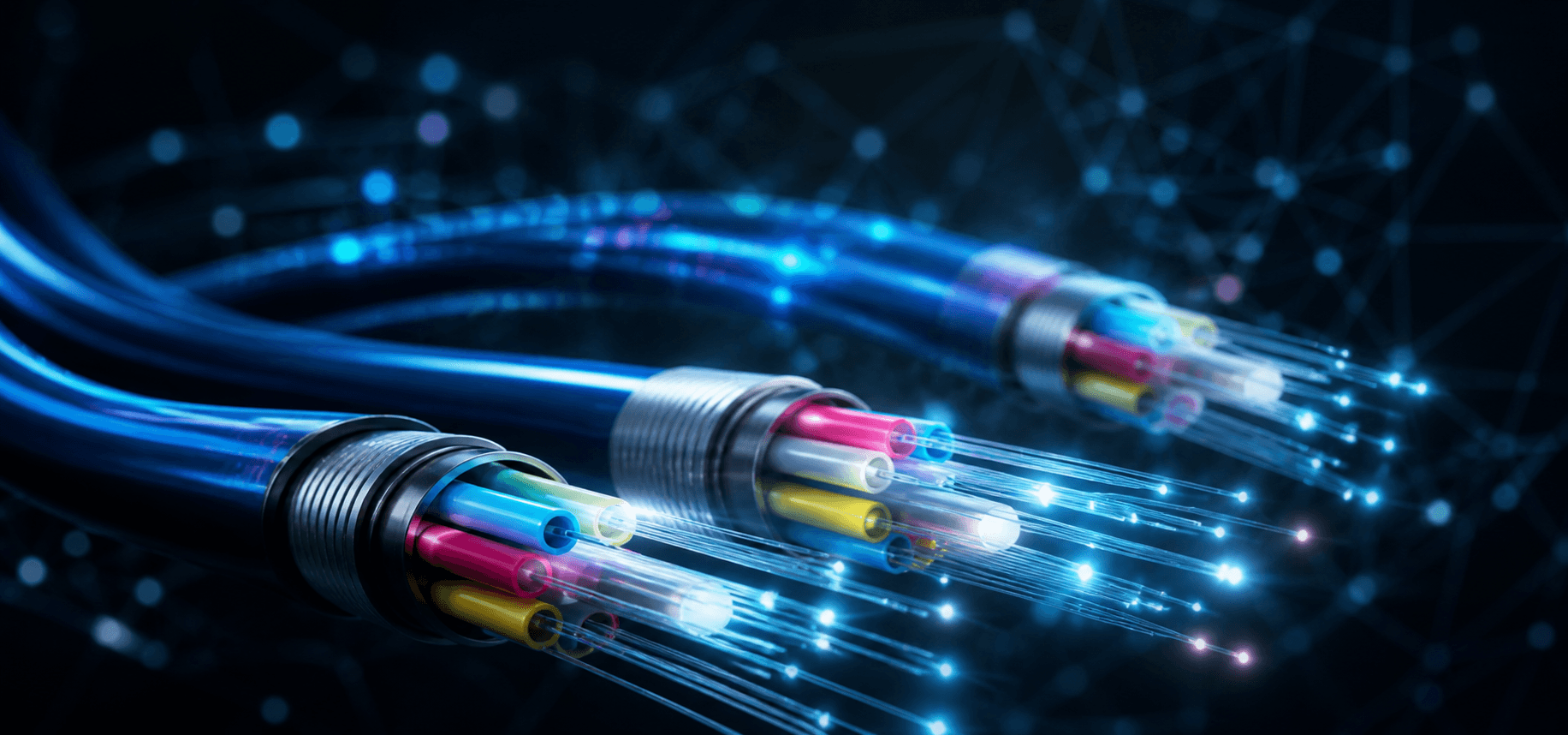 Fiber optic cables glowing in a dark technical environment